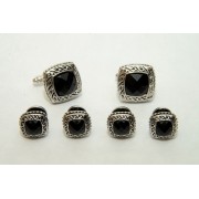 Antique Egyptian Etched Beaded Black Onyx Studs and Cufflinks